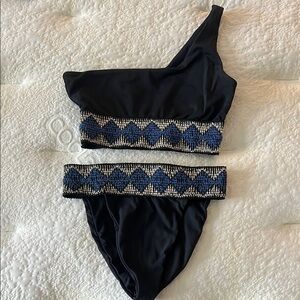 One-Shoulder Black and Blue Bikini